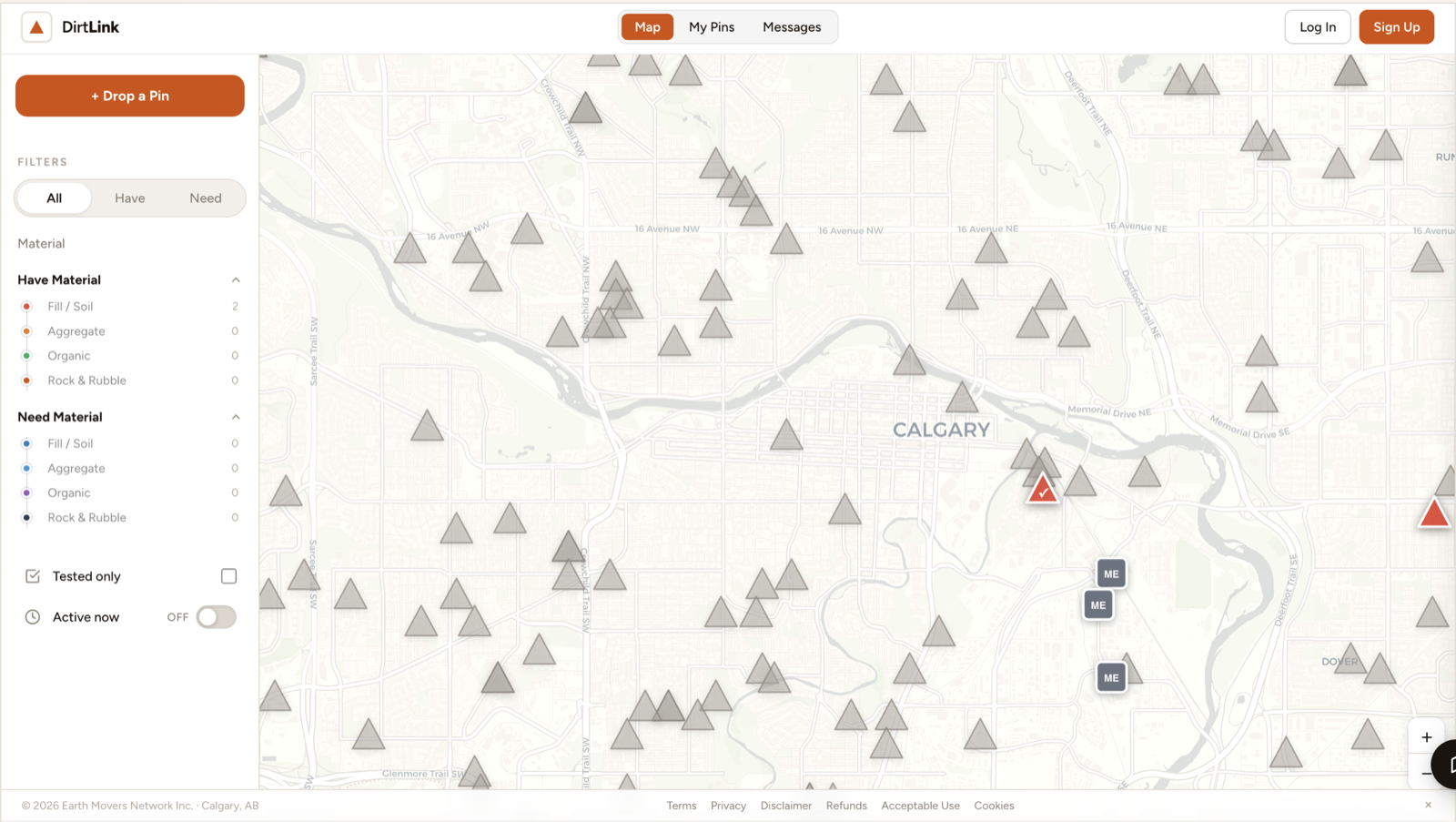 DirtLink app — map of Calgary sites with material pins and filters
