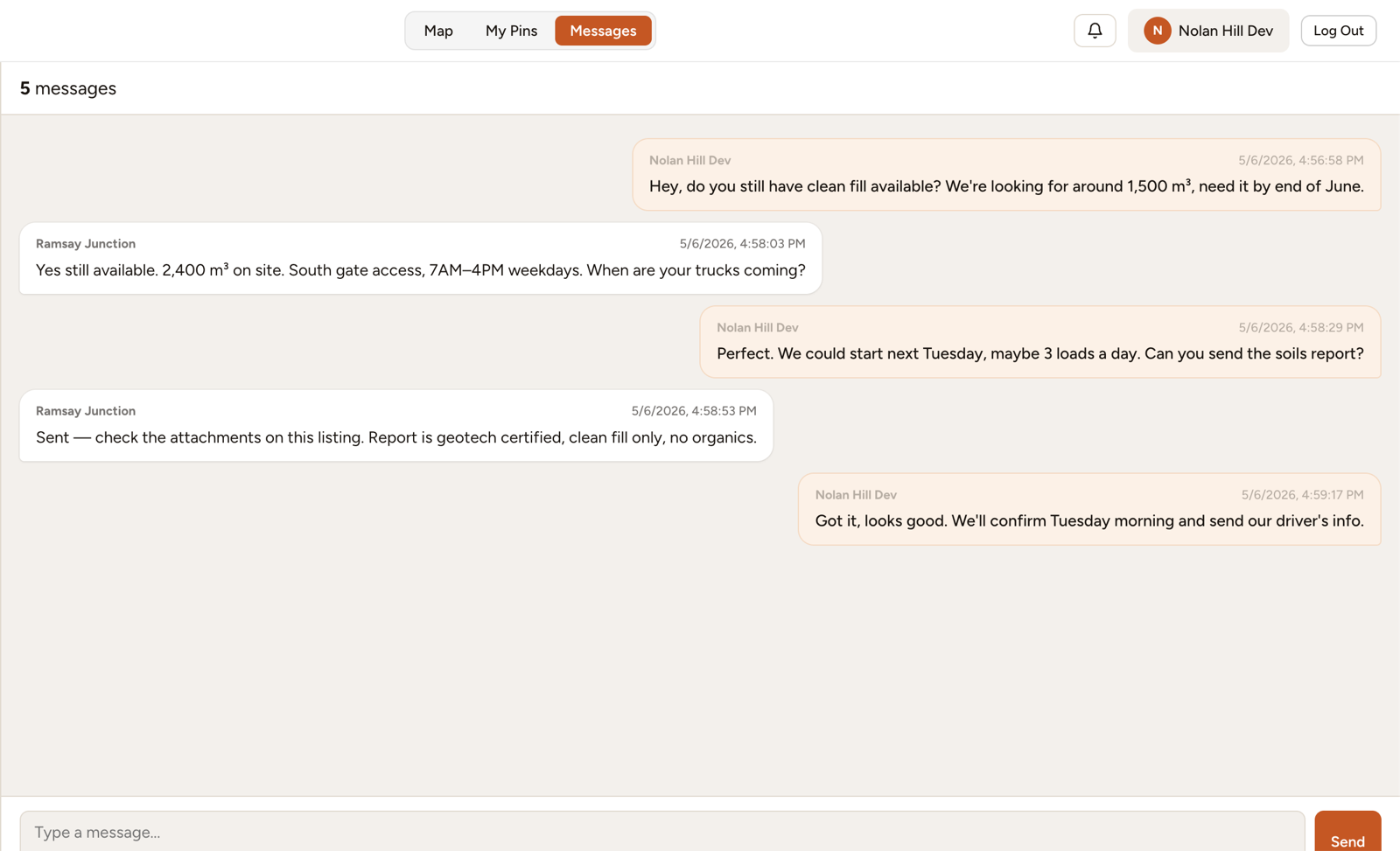 Direct messaging threaded to a site and listing