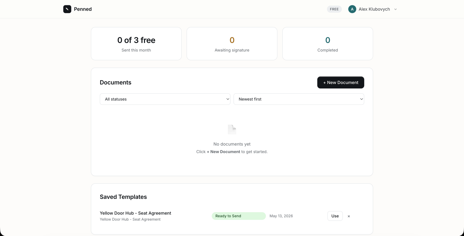Penned dashboard — documents, usage and saved templates