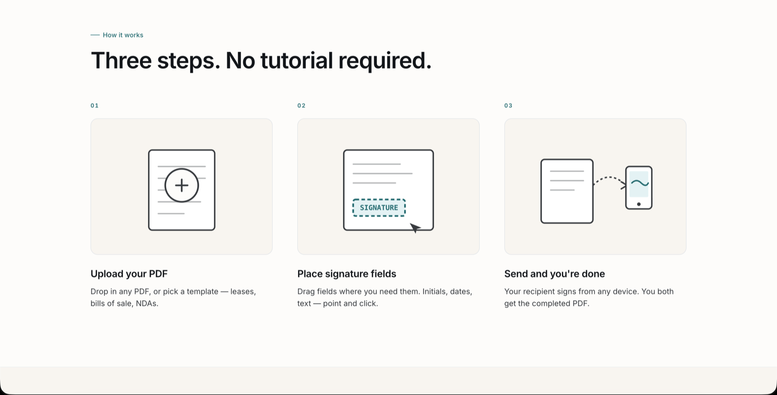 Three steps — upload, place fields, send