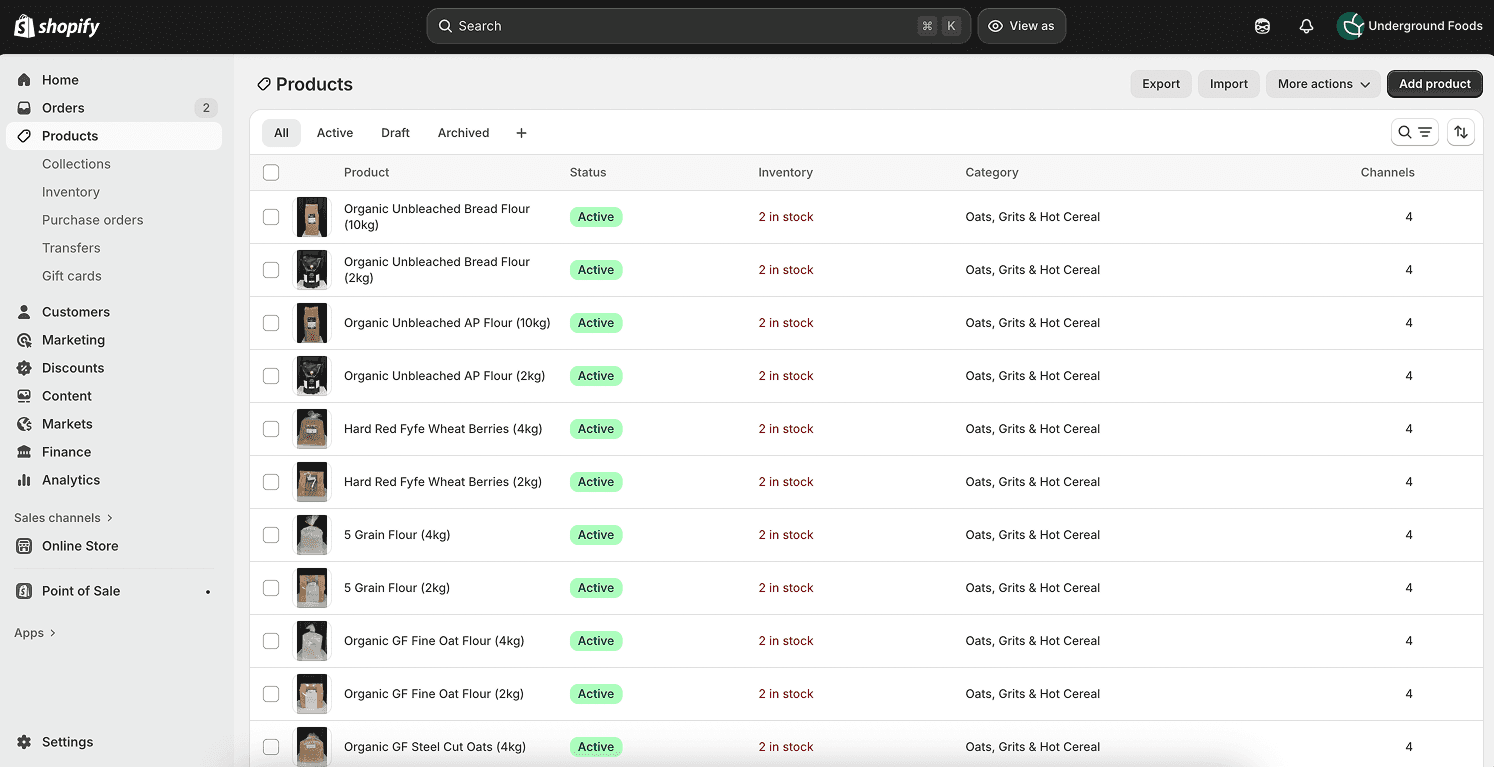 Shopify admin product catalogue